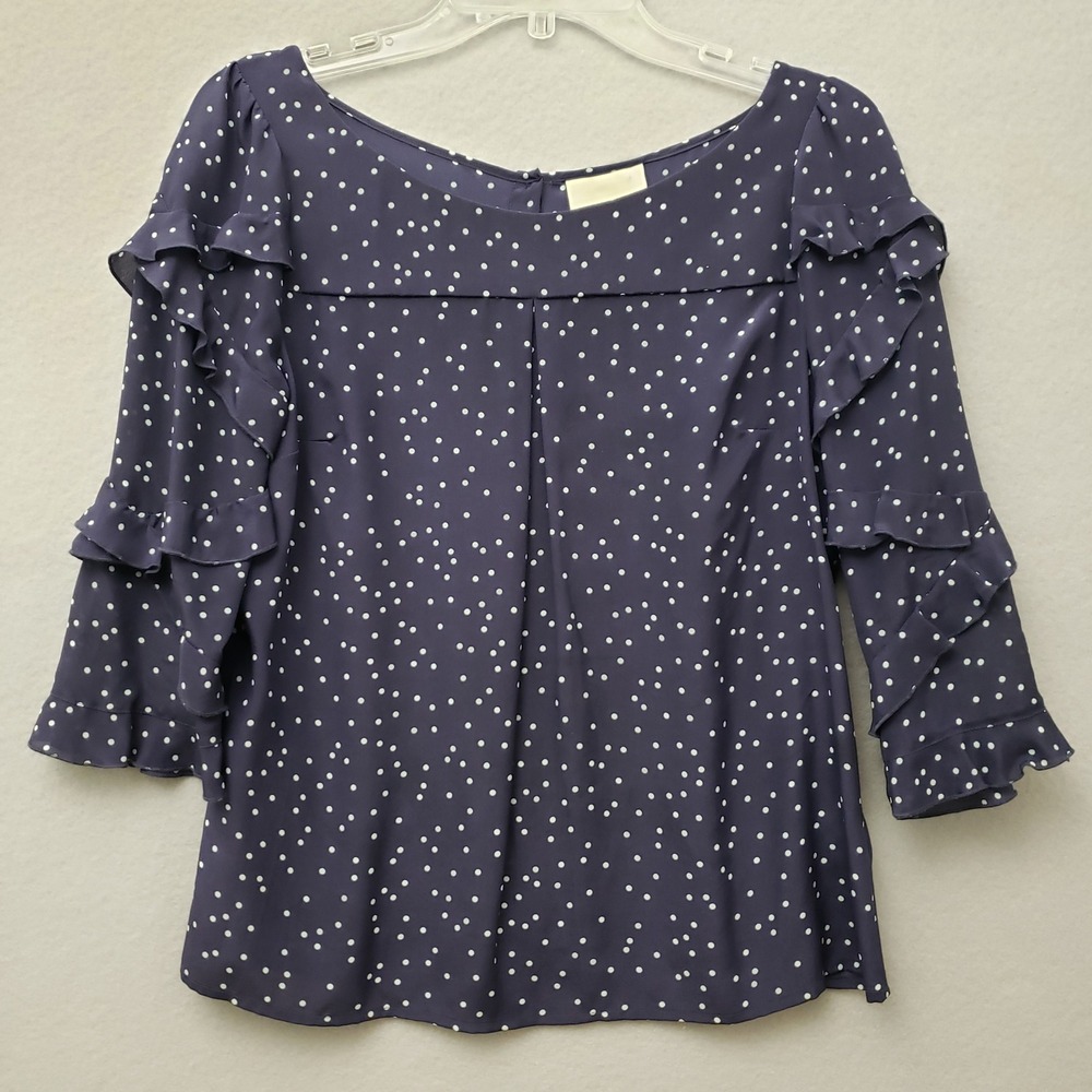 Maeve Womens 2 Blouse Navy Blue Polka Dot Silk Ruffle Sleeve Button Back Top